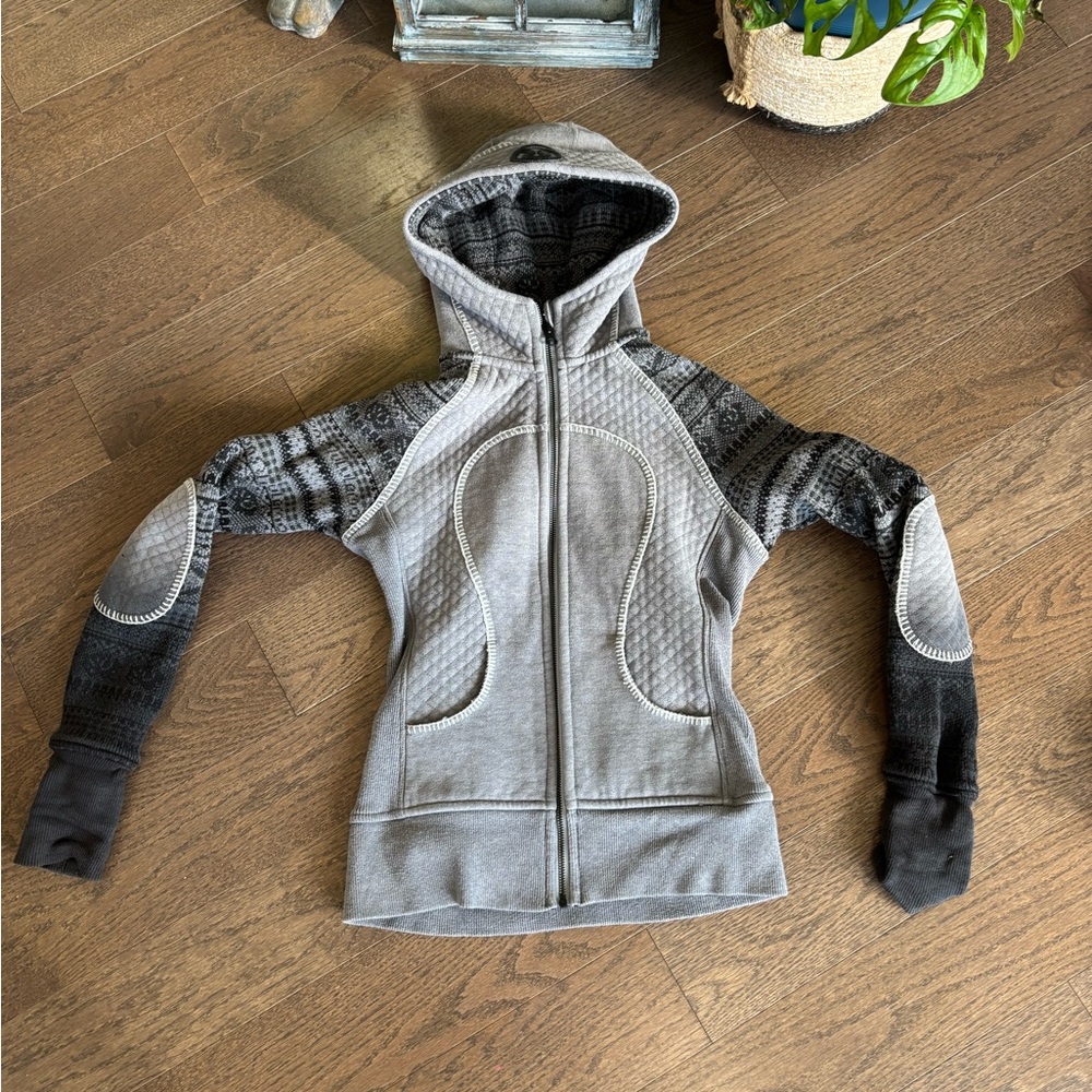Gray Hooded Jacket with Patterned Sleeves